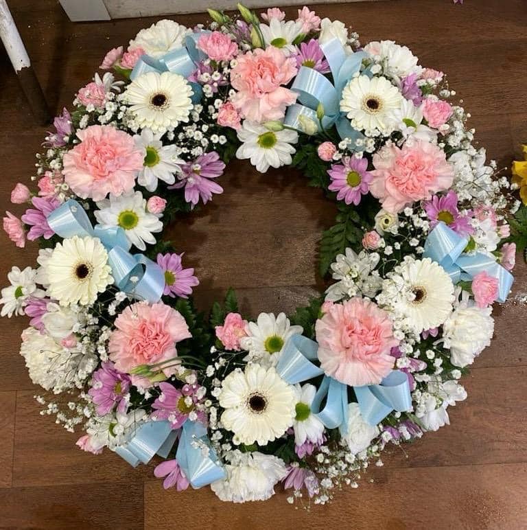 pale pink and blue wreath