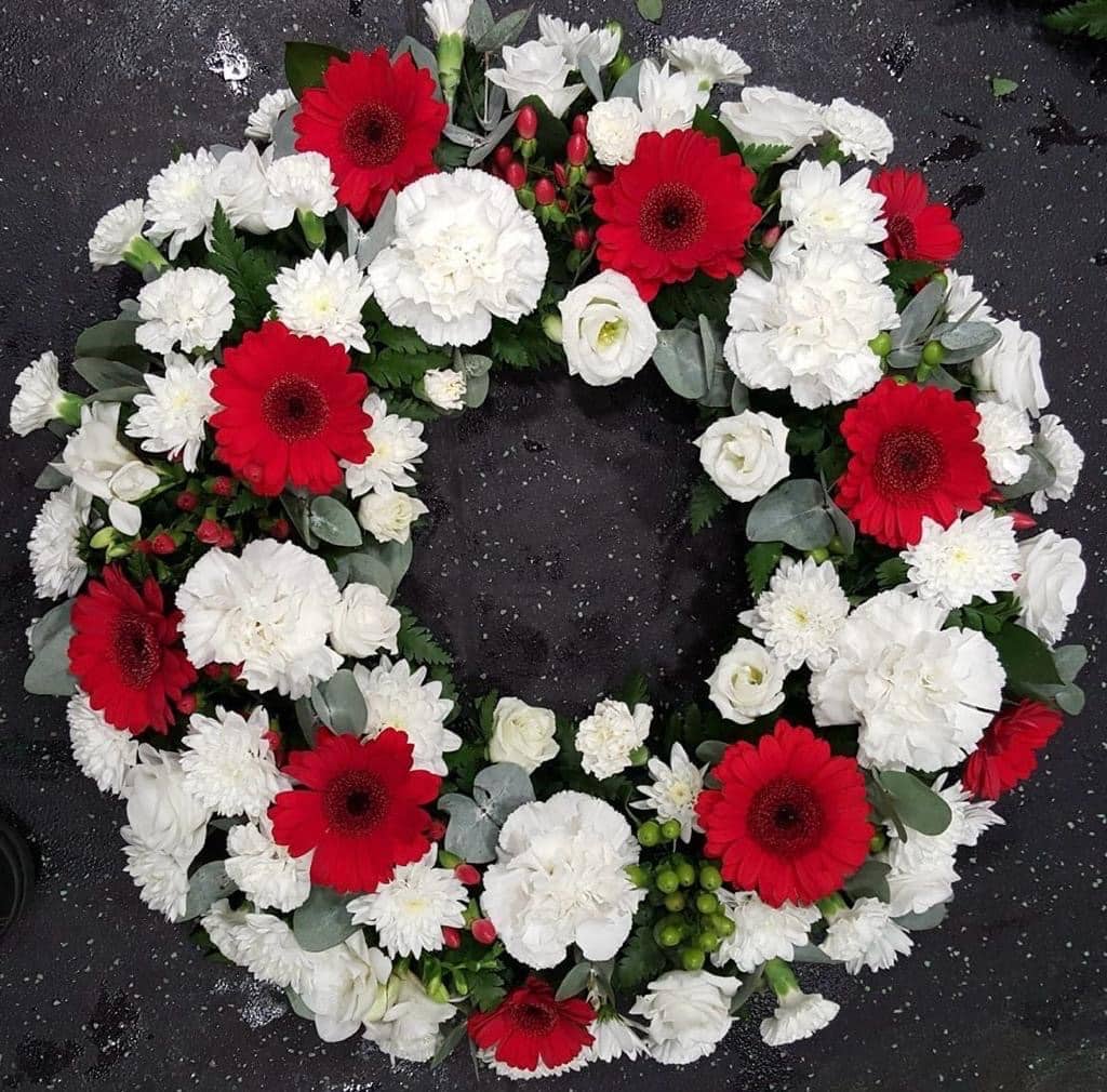 white and red germini wreath